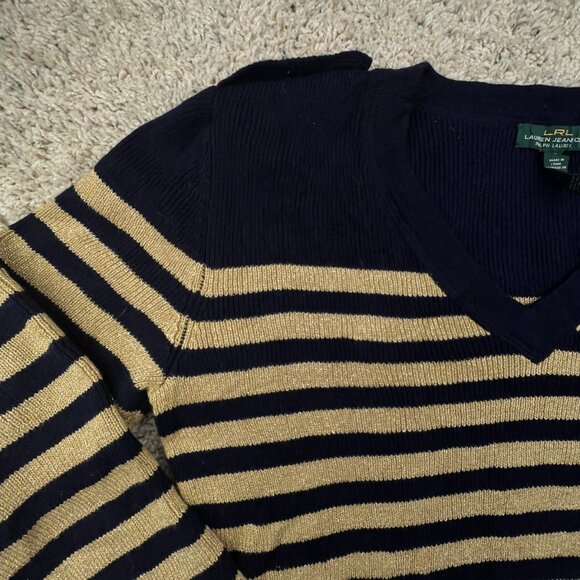 Lauren Ralph Lauren Women’s Sweater Large Navy Blue Gold Striped Shiny Pullover - Picture 8 of 12